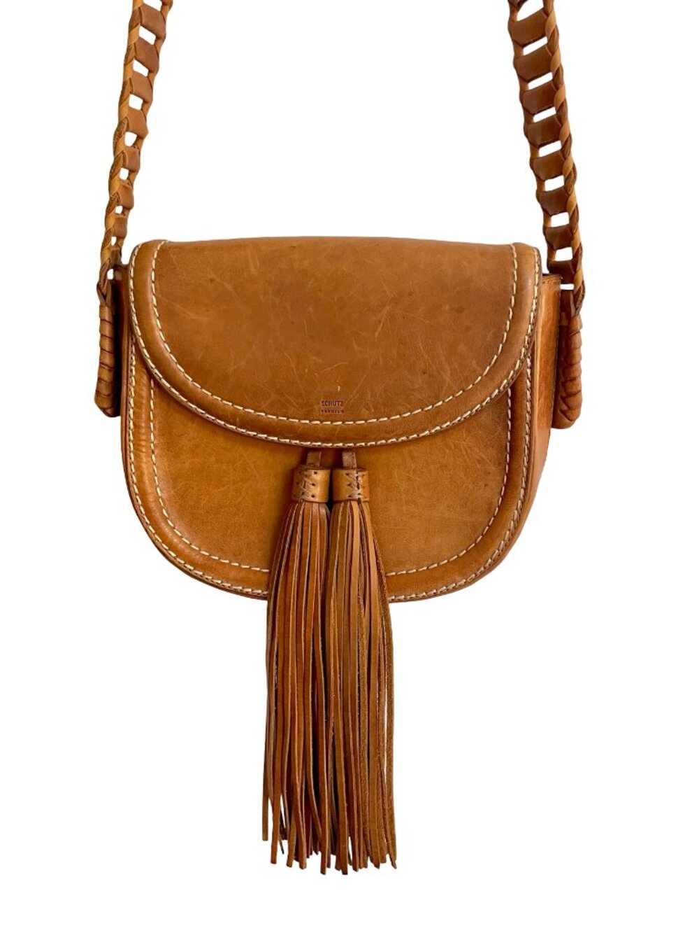 Schutz Premium Tan Leather Tassel Crossbody Bag